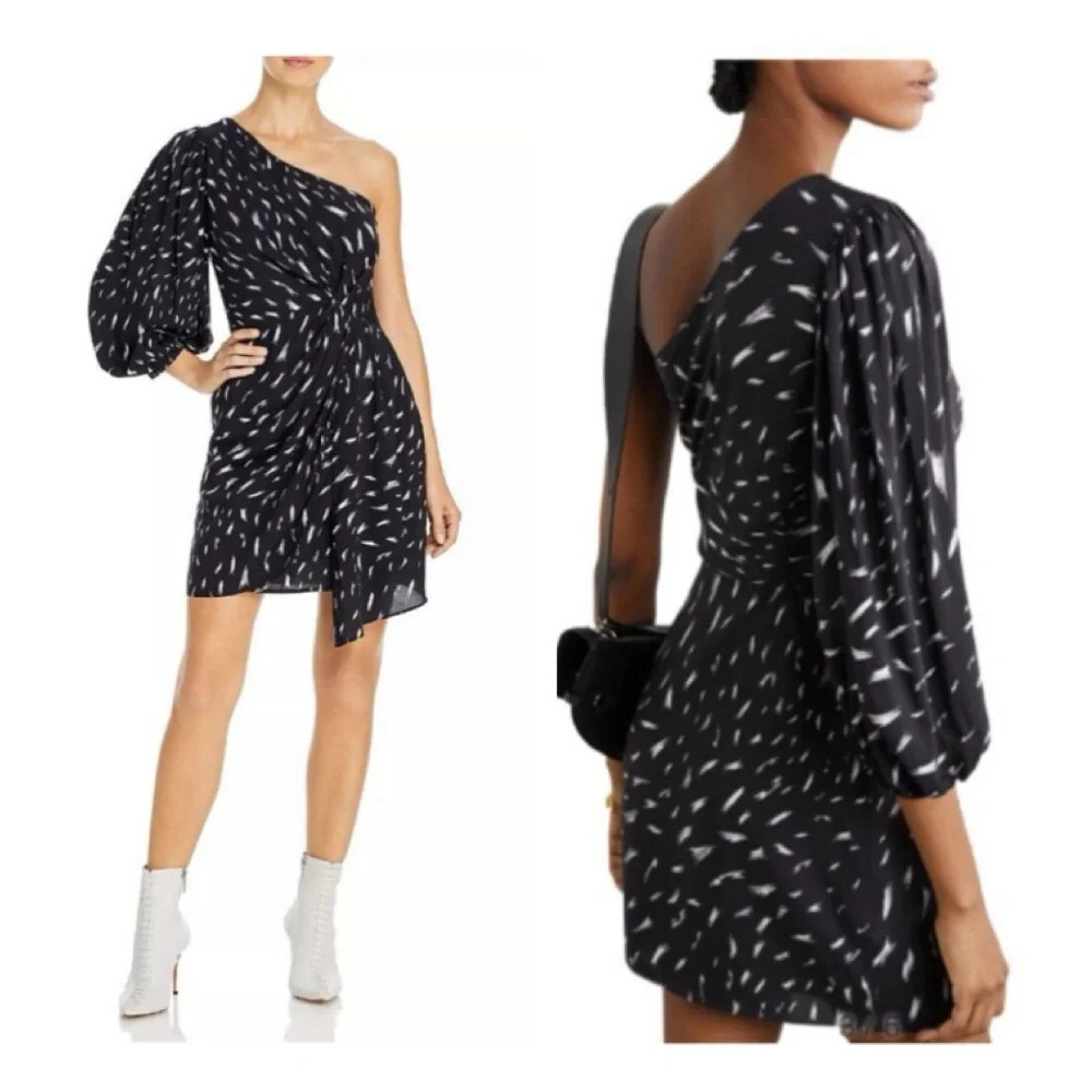 IRO Akubra One-Shoulder Abstract Printed Black Mini Dress Sz 36